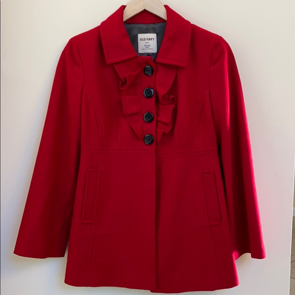 Red Ruffled Pea Coat